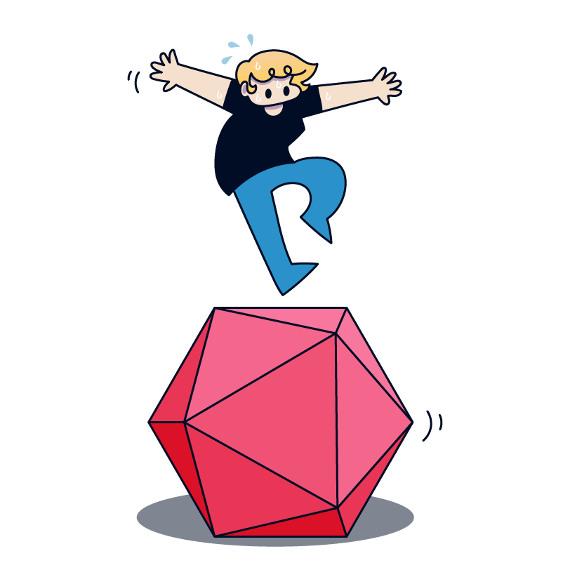 Image of Dungeon (they/she), a pale blonde figure, awkwardly running on top of a pink 20 sided die.