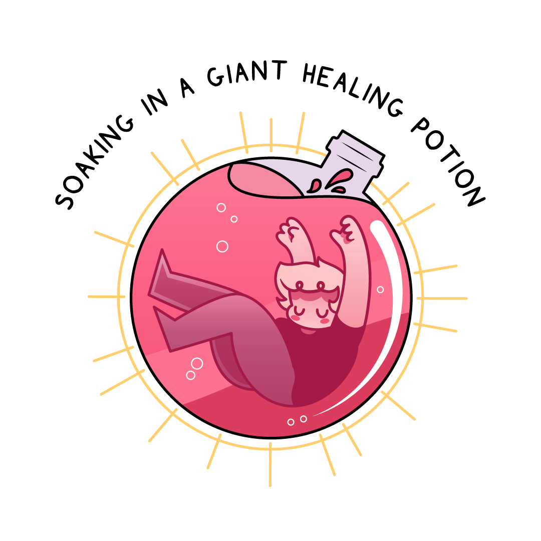 A Dungeon Delves comic. Title: Soaking in a giant healing potion. Image of Dungeon, a pale blonde figure (they/she) submerged side a round bottle filled with a pink, glowing liquid.