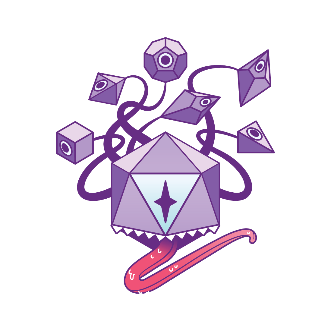 Image of a set of polyhedral dice turned into a dice-beholder, with the 20 sided die forming the main head with teeth and a long tongue, while the other die are connected to it with tendrils, with eyes displayed on their faces.
